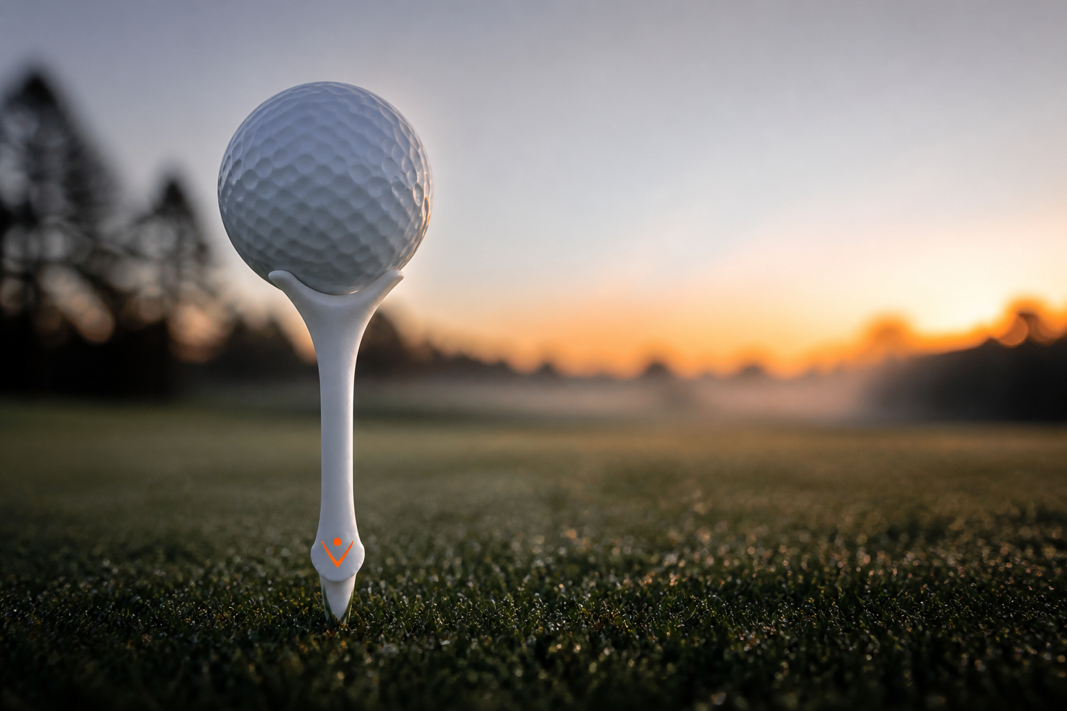 Rough Play tee and golf ball on a dewy course at sunrise